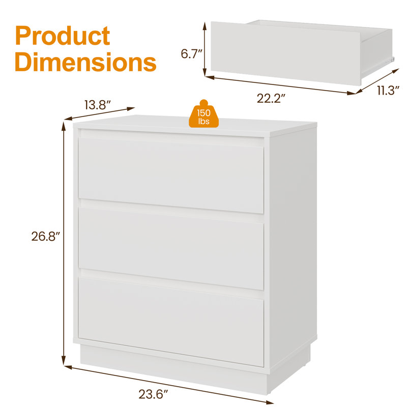 Large Wood Nighstand With 3 Drawers,Set of 2, White