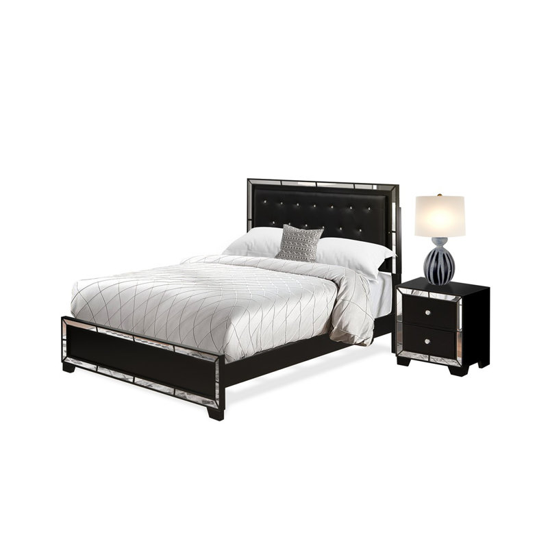 Ensemble de chambre à coucher en bois 2 pièces avec grand lit capitonné à boutons et petite table de chevet - tête de lit en similicuir noir et pieds noirs