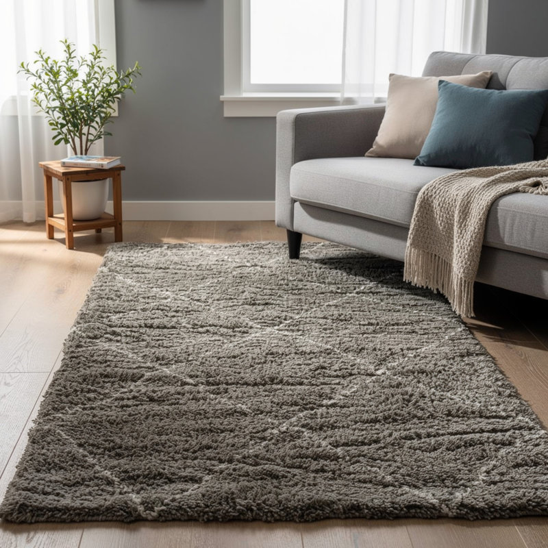 Tapis à poils longs Wreno 8 x 10 avec motif géométrique crème, gris PET, Gris, crème
