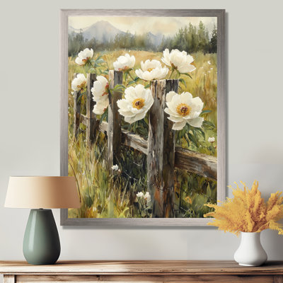 Pivoines dans la clôture pastorale I - Art mural sur toile florale