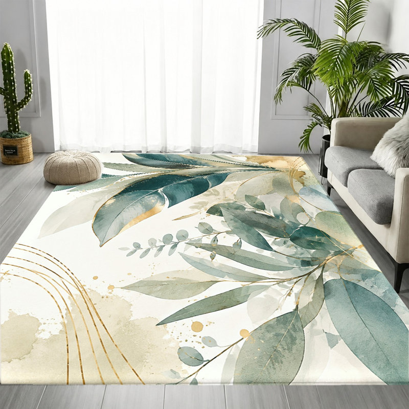 Tapis en velours vert doré à feuilles d'eucalyptus aquarelle, Rectangle 5 pi 3 po x 3 pi 3 po (160 x 100 cm)