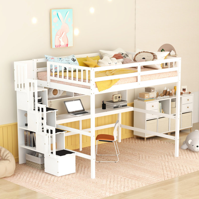 Lit mezzanine blanc avec bureau, tablettes et rangement - Améliorez le confort d'organisation de votre chambre à coucher et améliorez la fonction