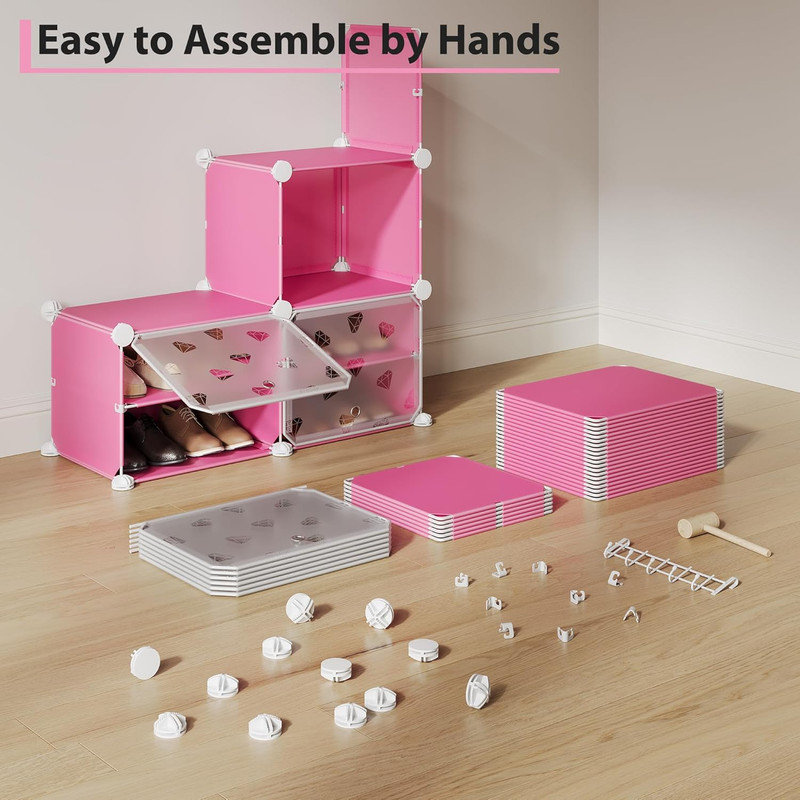 8-Tier Shoe Rack with Doors, Expandable Storage for 32 Pairs, Entryway & Bedroom Organizer, Pink