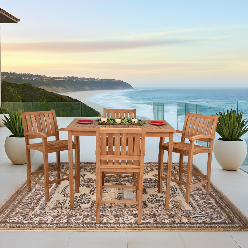 Ensemble bistro en teck avec table rectangulaire et tabourets de bar avec accoudoirs Abacho, 43" H x 55" L x 35.5" W, 4