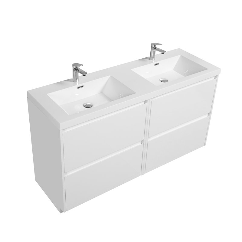 Meuble-lavabo double autoportant 59 po avec plateau en résine 59 po, Blanc