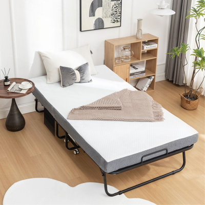 Folding Bed With Mattress, Sportable Foldable Bed With Storage Cover, Srollaway Bed For Adults With Memory Foam Mattress And Metal Frame, Scot Size Guest Bed On Wheels, 75 X 38 Inch