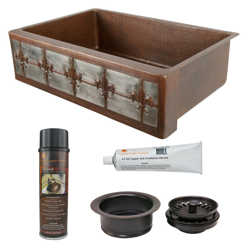 33" Hammered Copper Kitchen Apron Single Basin Sink w/ Fleur De Lis and Apron Front Nickel Background with Matching Drain and Accessories