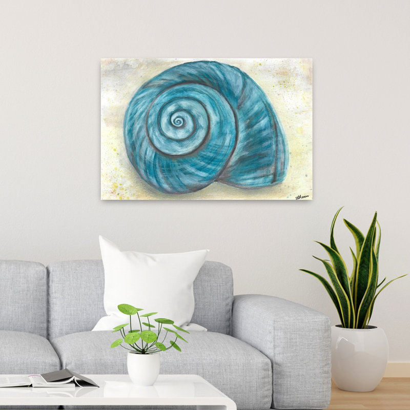 «Blue Spiral Shell», art mural côtier abstrait, H 24 po x l 36 po