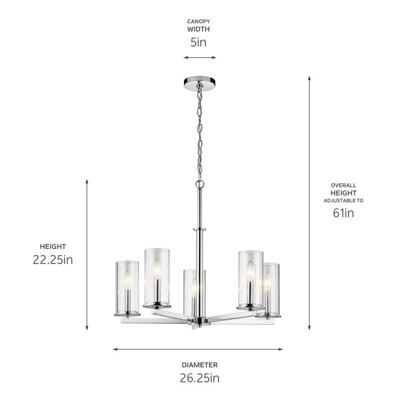 Lustre en chrome 5 lumières avec abat-jour en verre transparent Crosby, Chrome