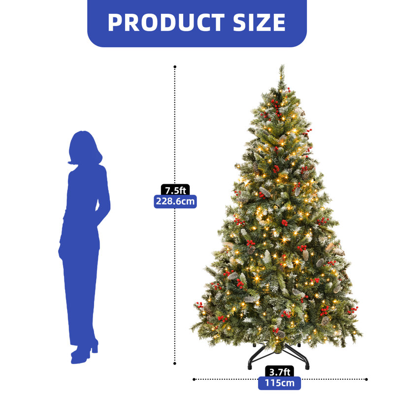 Arbre de Noël artificiel pré-décoré 6 pi / 7,5 pi / 9 pi avec pointes givrées, lumières pré-installées, pommes de pin et baies