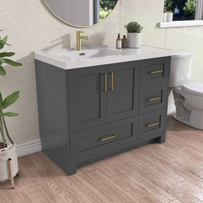 Solid Wood 42" Single Bathroom Vanity Set With Solid Surface Countertop,Pre-Assembled Bath Cabinet Dark Gray