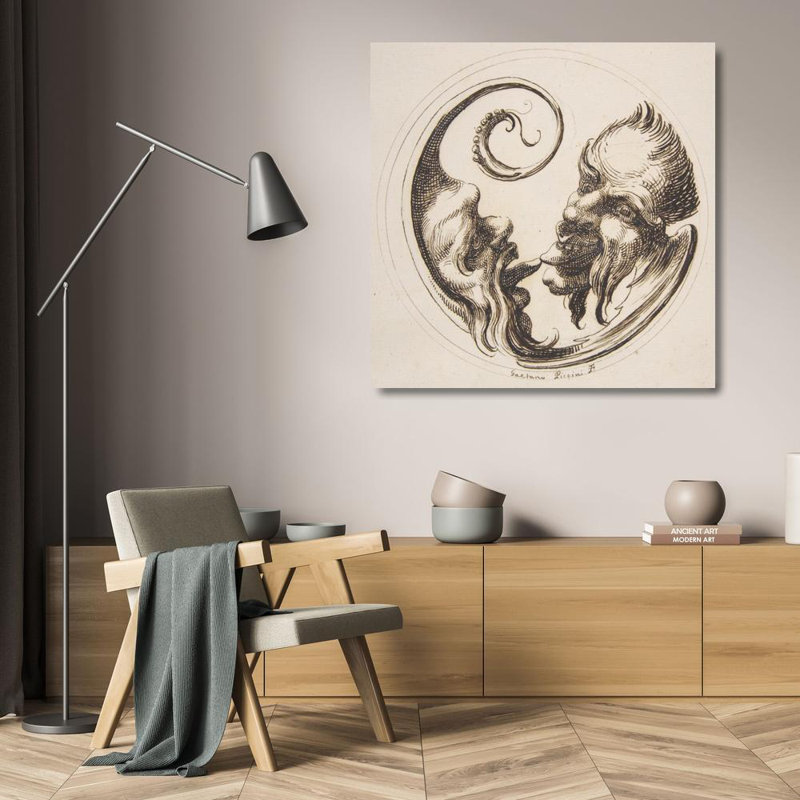 "Two Grotesque Heads Facing One Another and Touching Tongues Within a Circle" by  Gaetano Piccini - Gallery Wrap Canvas Wall Art