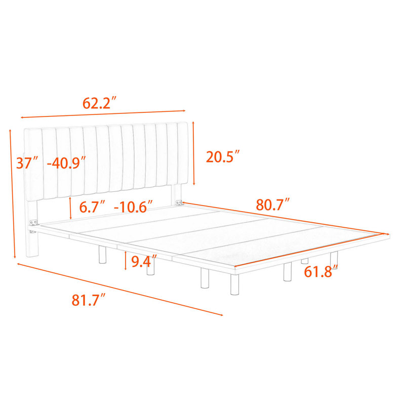 Jareli Queen Upholstered Floating Platform Bed with Light and Headboard, Grey