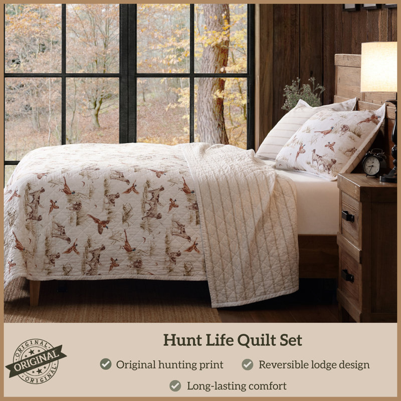 Hunt Life Pheasant Hunting Animal Print Reversible Southwestern Western Style Bedding Quilt Set, King & 2 King Shams
