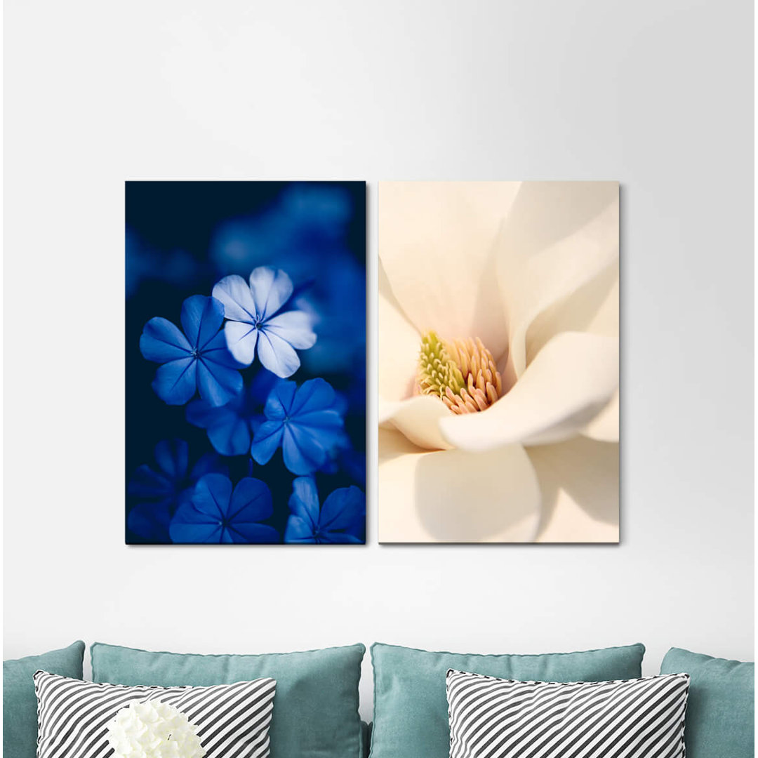 2-tlg. Leinwandbilder-Set - Grafikdruck „Blue Flowers Blossoms White Tulip Flora”