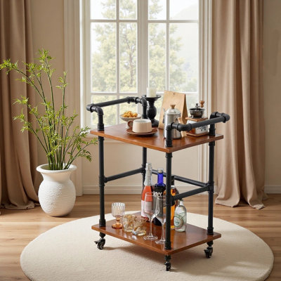 Industrial Pipe Bar Cart With Wheels, Easy Assembly Rolling Serving Bar Trolley With 2-Tier Shelves And Rotating Wheels For Home Kitchen Dining And L by Trent Austin Design