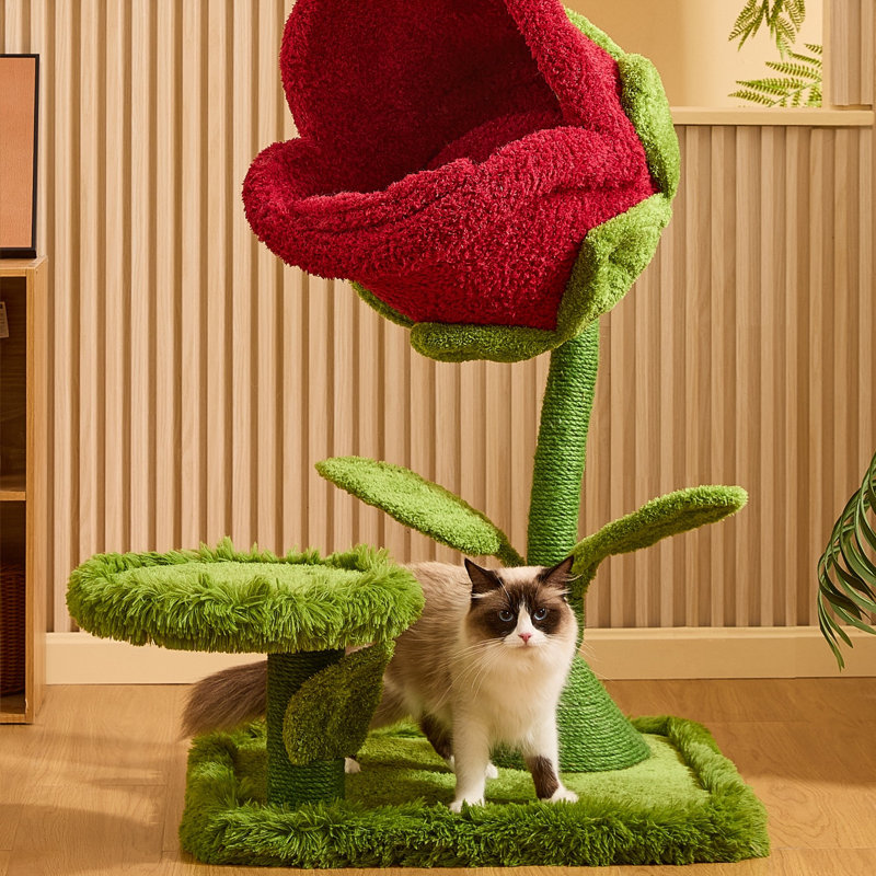 41.7" Large Red Carnivorous Flower Cat Tree with Enclosed Bloom Bed, Stable Multi-Level Structure for Cat Safe Climbing and Play