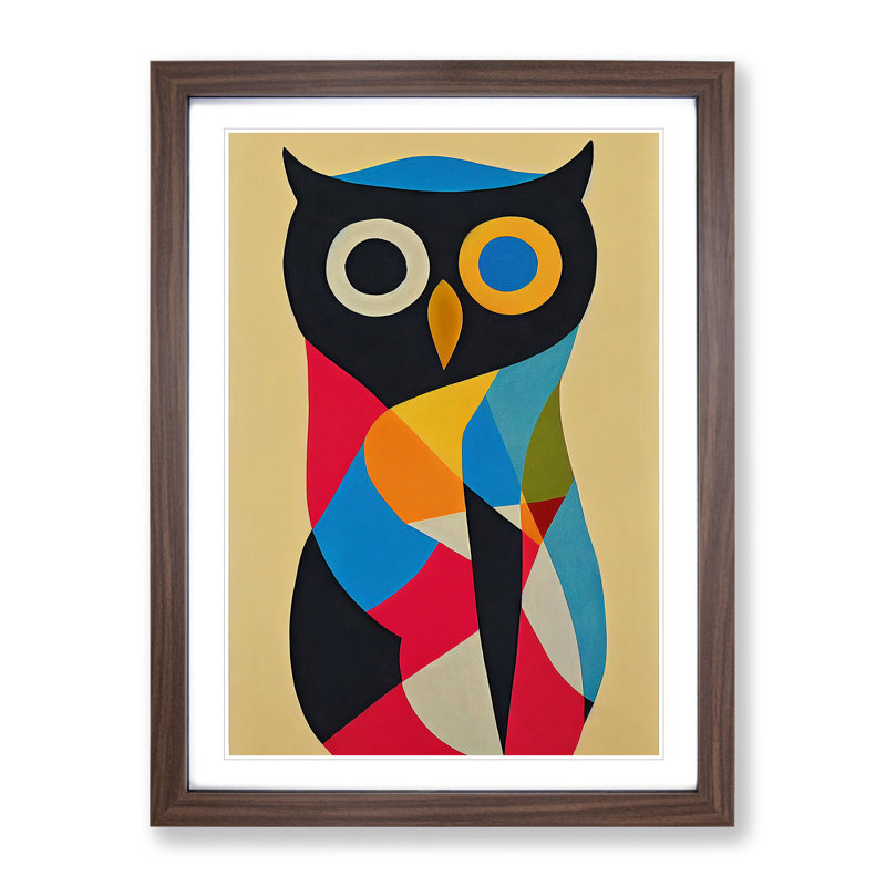 Colourful Abstract Owl No.3 - Single Picture Frame Print, Walnut, 46cm H x 34cm W x 2cm D
