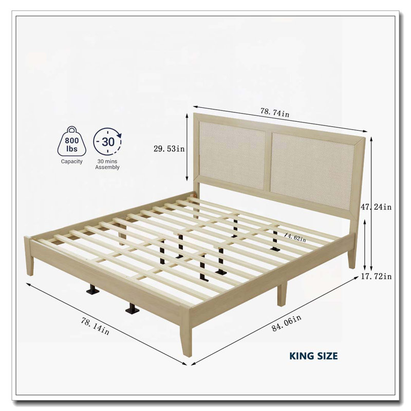 Rattan Design Solid Wood Platform Bed, King