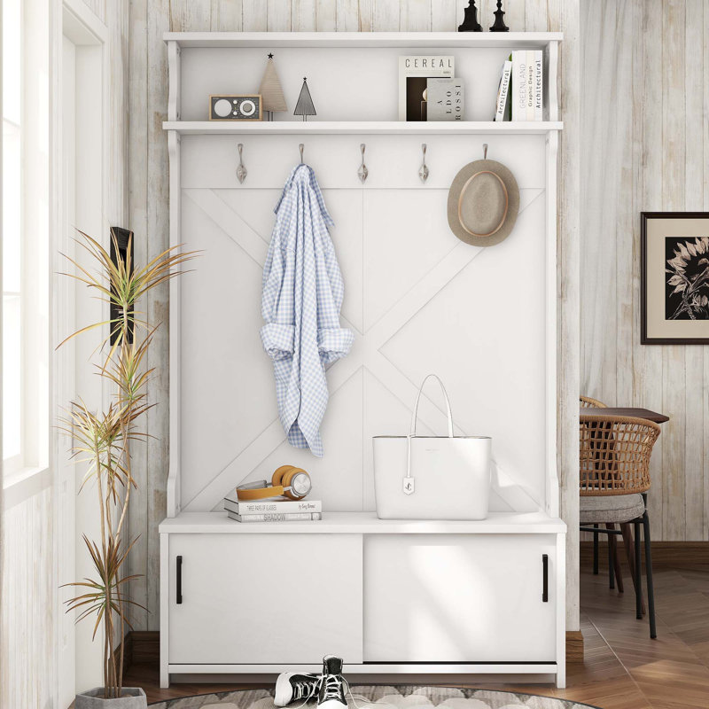 Portemanteau avec tablette supérieure et banc de rangement, armoire à chaussures avec portes coulissantes, portemanteau avec 5 crochets de suspension pour les vestibules