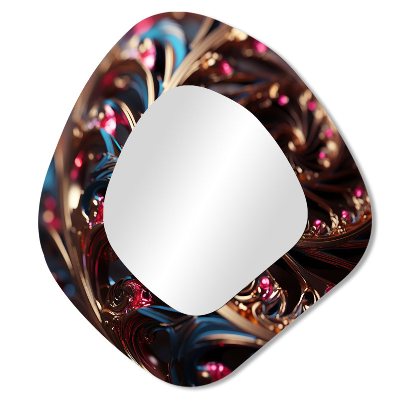 Patmos Gold and pink hypnotic spiral I - Abstract Spirals Asymmetrical Unique Wall Mirror, Modern Unique Shape Mirror, Printed Metal Art