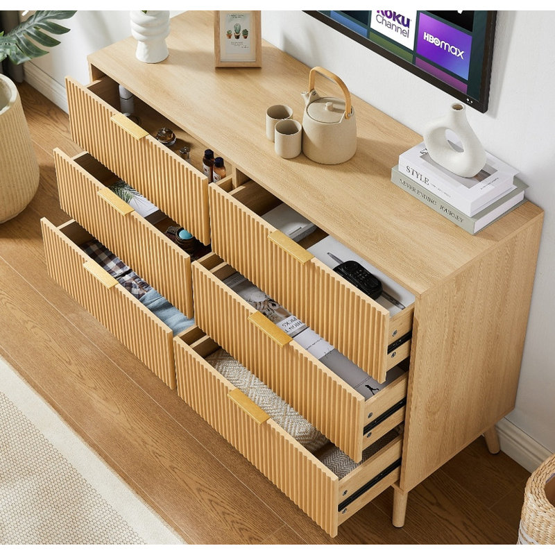 Commode 6 tiroirs en bois avec tiroirs ondulés - polyvalente pour la chambre à coucher, la chambre d'enfant, le salon et plus encore.