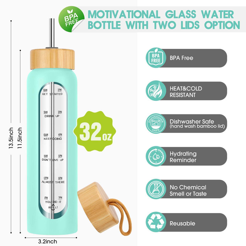 32 oz. LoochMee Bouteille d'eau en verre, Menthe