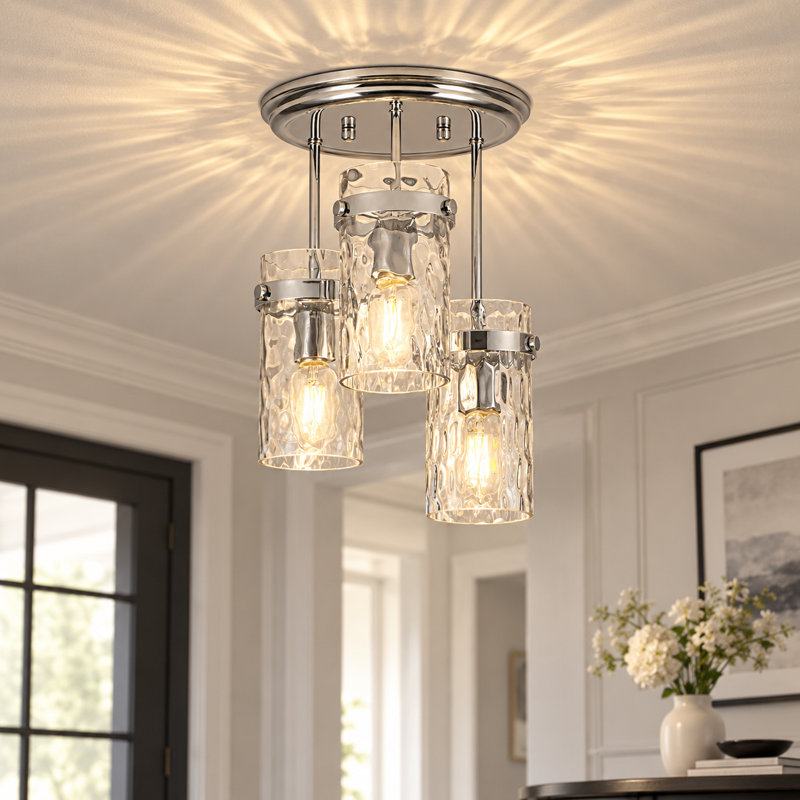 3-Light Flush Mount Ceiling Light With Water Glass, 3.9" Wide, E26 Base, Chrome, 15.1" H x 11" W x 11" D