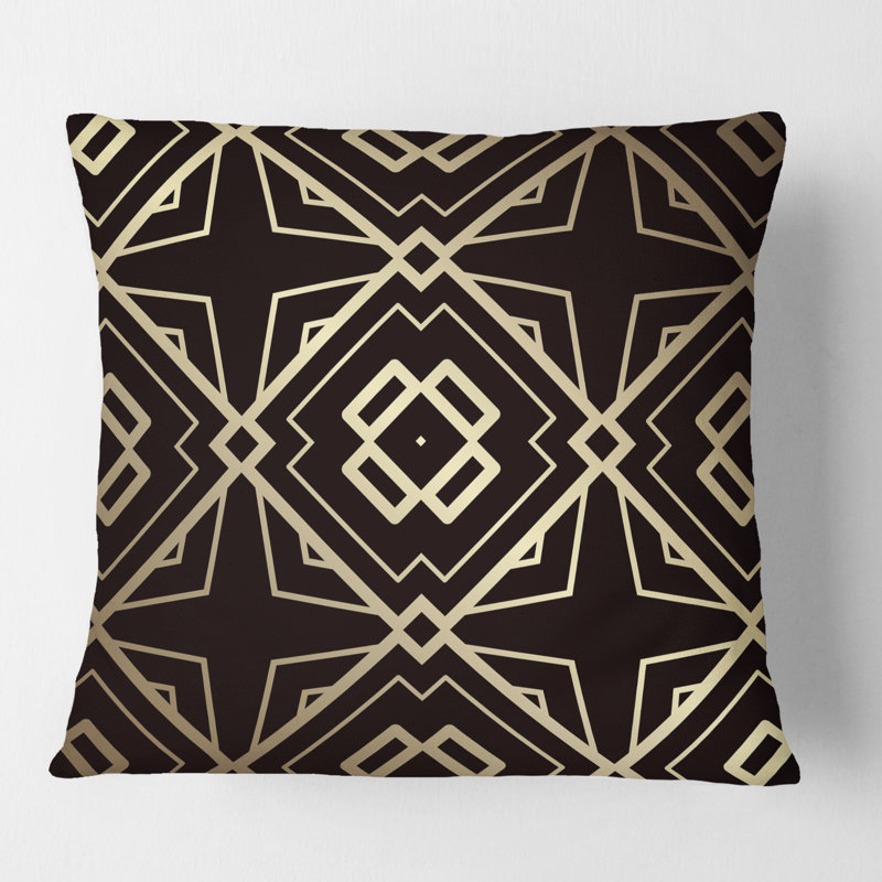 Coussin décoratif doré et noir à motif Art déco Mid-Century, 18 po x 18 po