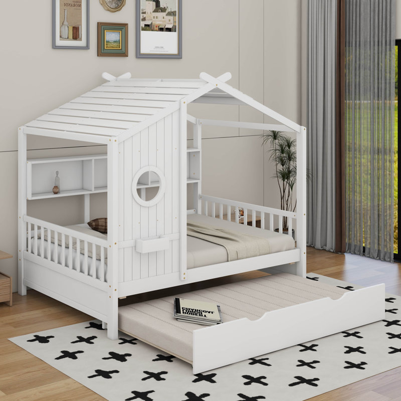 Lit double en bois avec lit gigogne, Lit double, Blanc