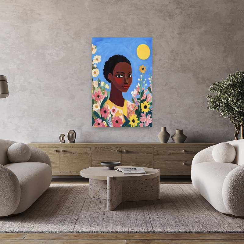 Woman Among Flowers Colorful Peaceful Serene Flower Nature Wall Art Print 1 Piece Wrapped Canvas Wall Art