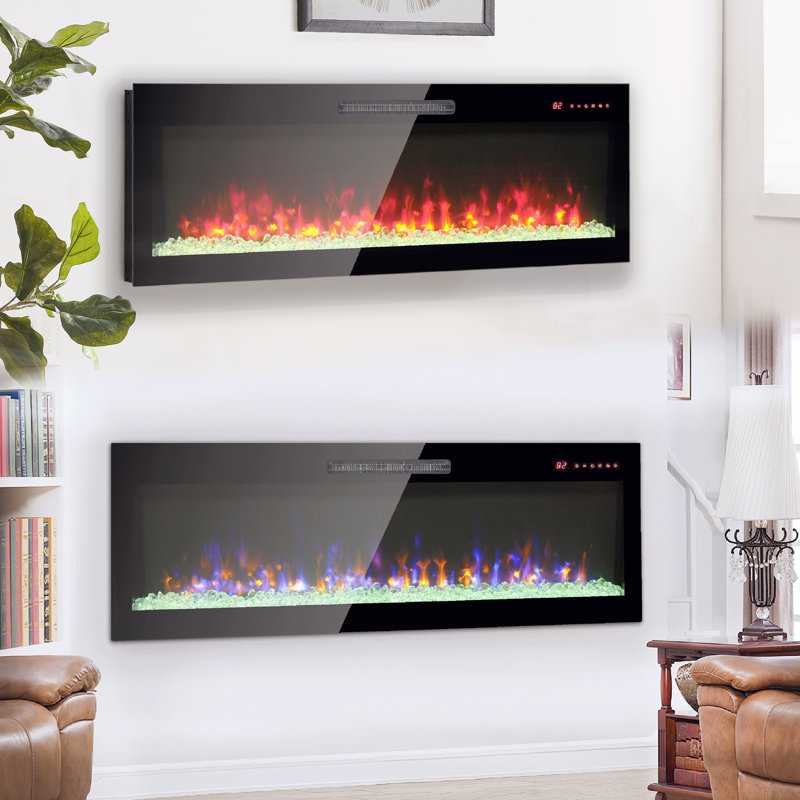 60 Inch Recessed Ultra Thin Tempered Glass Front Wall Mounted Electric Fireplace With Remote And Multi Color Flame & Emberbed, Led Light Heater