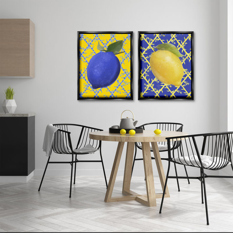 Ensemble de cadres flottants 2 pièces Bold Blue & Yellow Lemons, design par Matthew Piotrowicz, Cadre flottant noir de jais
