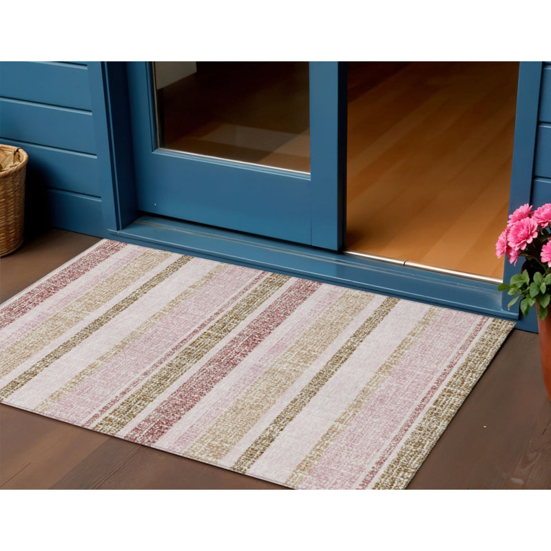 Tapis intérieur lavable rayé rose et beige 3 pi x 5 pi, Rectangle 3' X 5'