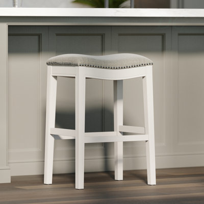 Zoey 31In. Bar-Height Backless Wood Narrow Saddle-Seat Barstool With Nailhead Trim, Farmhouse Whitewash With Gray Upholstered Seat