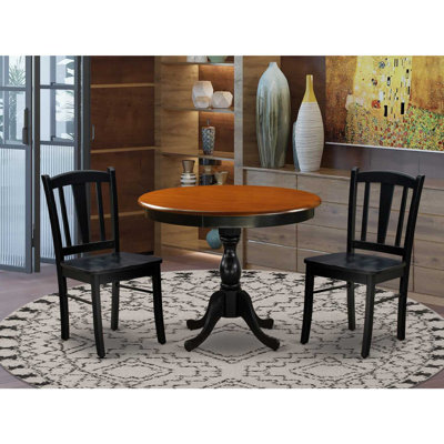 3-Pc Kitchen Dining Table Set Contains a Dining Table and 2 Mid Century Dining Chairs with Slatted Back - Black Finish