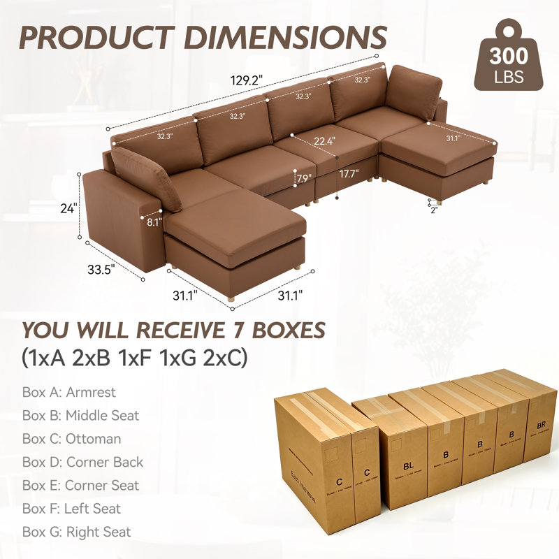 Carrigan Upholstered Sectional with Ottoman, Brown Faux Leather, 4 Seater+2 Ottoman