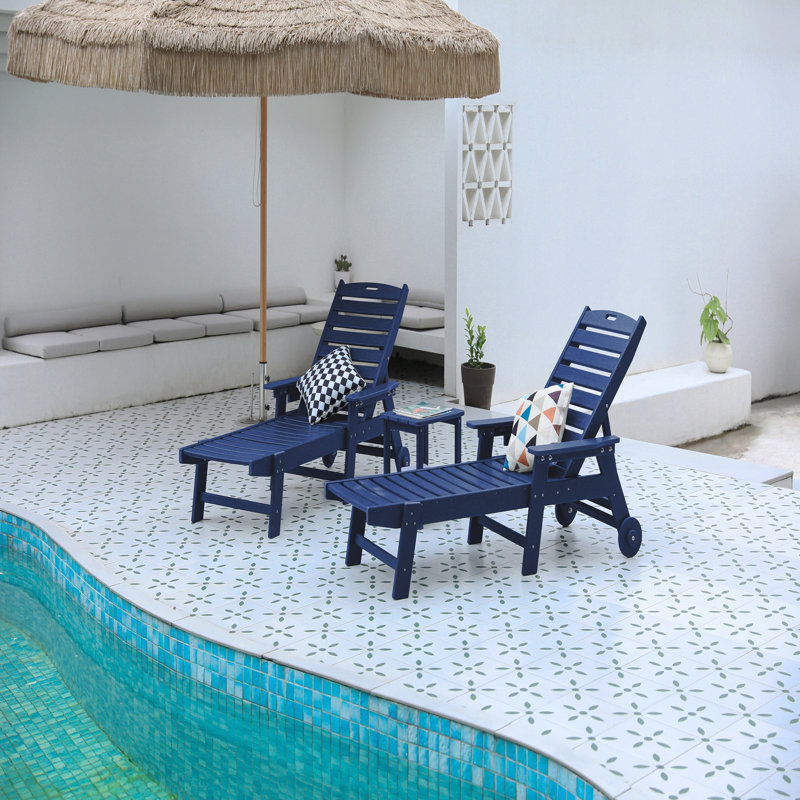 Lounge Chair With Side Table, 3-Piece Oversized Chaise Lounge Chair Set With Wood Texture, All Weather Patio Lounge Chair With 5 Positions,Wheels&Cup Holder