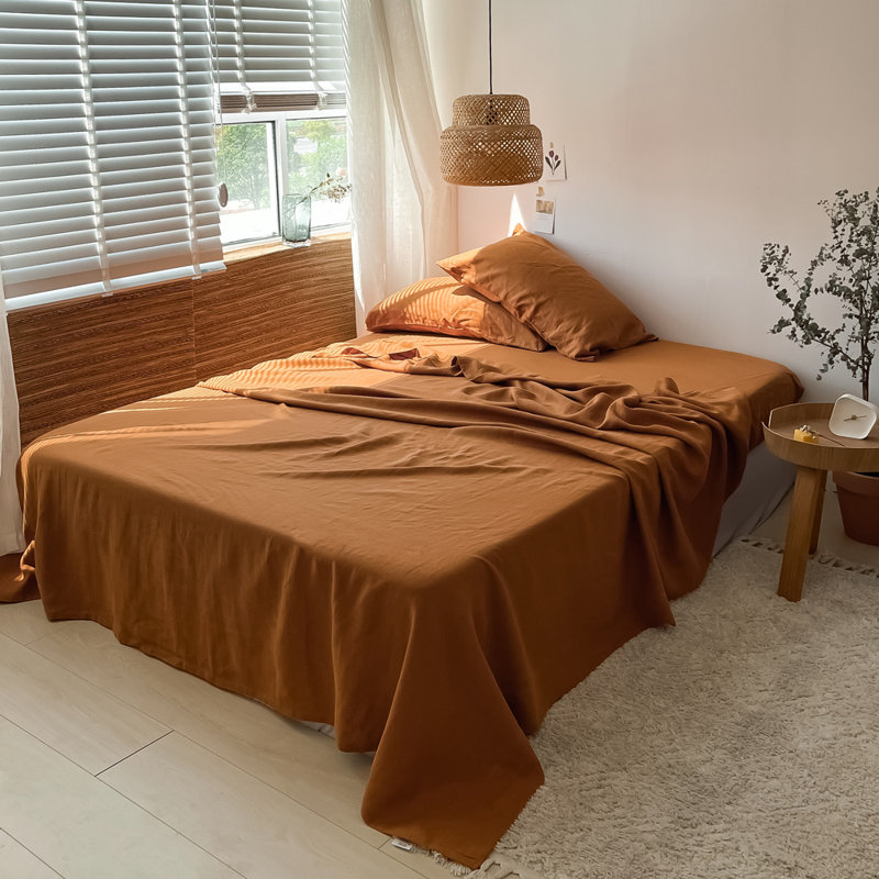 Ensemble de draps 100% lin, Ensemble de draps pour grand lit avec 2 taies d'or, Rouille