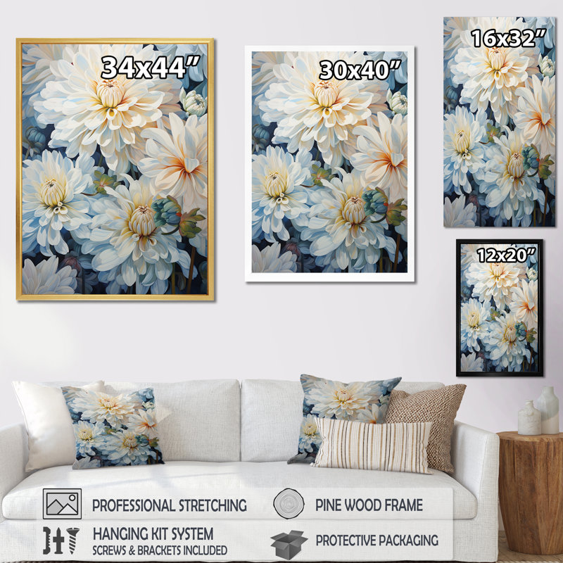 Minimalisme «Blooming Mums» en bleu et blanc V sur toile, Cadre doré simple, H 32 po x l 24 po x P 1 po