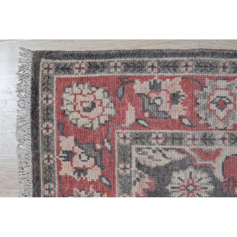 Coral Hand-Knotted Wool Floral Symmetry Geometric Modern Contemporary Carpet Rug, 8' x 10'