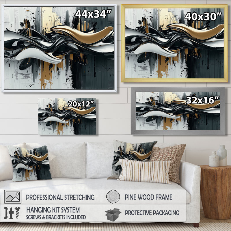 Widger Goldern «Black Shifting Ink Waters I» - art mural transitionnel, H 30 po x l 40 po, Toile tendue, Ne s’applique pas