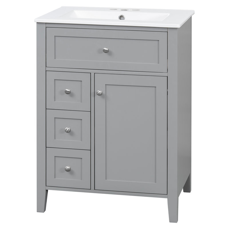Meuble-lavabo de 61 cm (24 po) avec lavabo, 3 tiroirs et armoire à étagères ajustables, gris, Grey