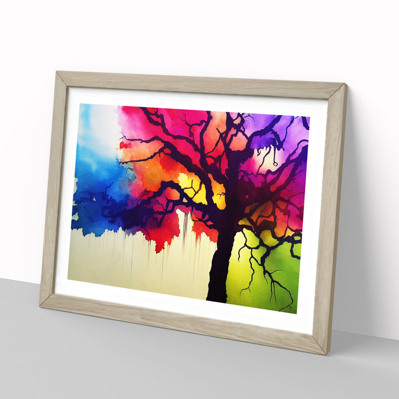 XH1022-8655X Super Colourful Tree Abstract - Single Picture Frame Painting, 34cm H x 46cm W x 2cm D, Oak