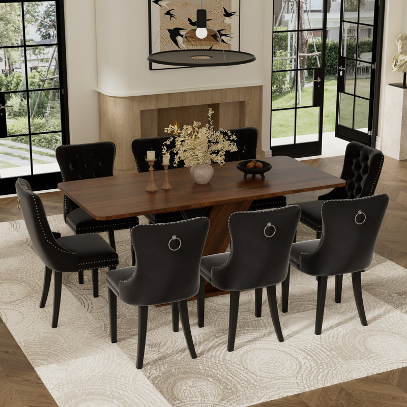 9 Pieces Modern Farmhouse Rectangle Dining Set with Mid-century High-end Tufted Dining Chair Set for 8, Black