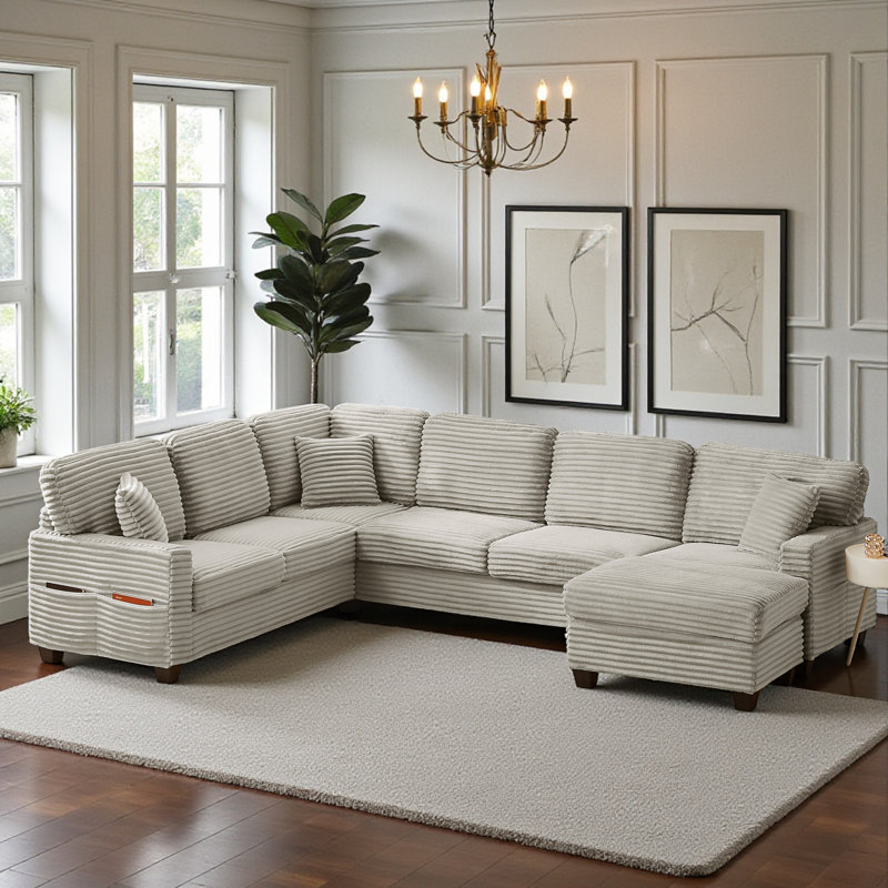 Upholstered L-Shaped Sectional With A Movable Ottoman, Taupe Corduroy