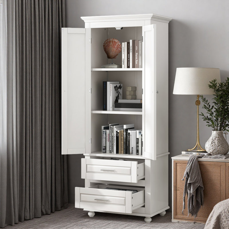 2-drawer Freestanding Linen Cabinet With Adjustable Shelves, White