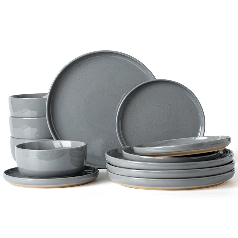 Daytona 12 Piece Stoneware Dinnerware Set - Service for 4, Dark Gray