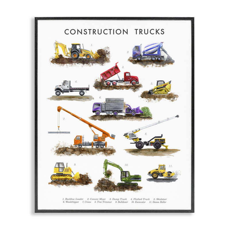  Camions de construction éducatifs, estampe numérique encadrée par Brett Blumenthal, Giclée encadrée noir minuit
