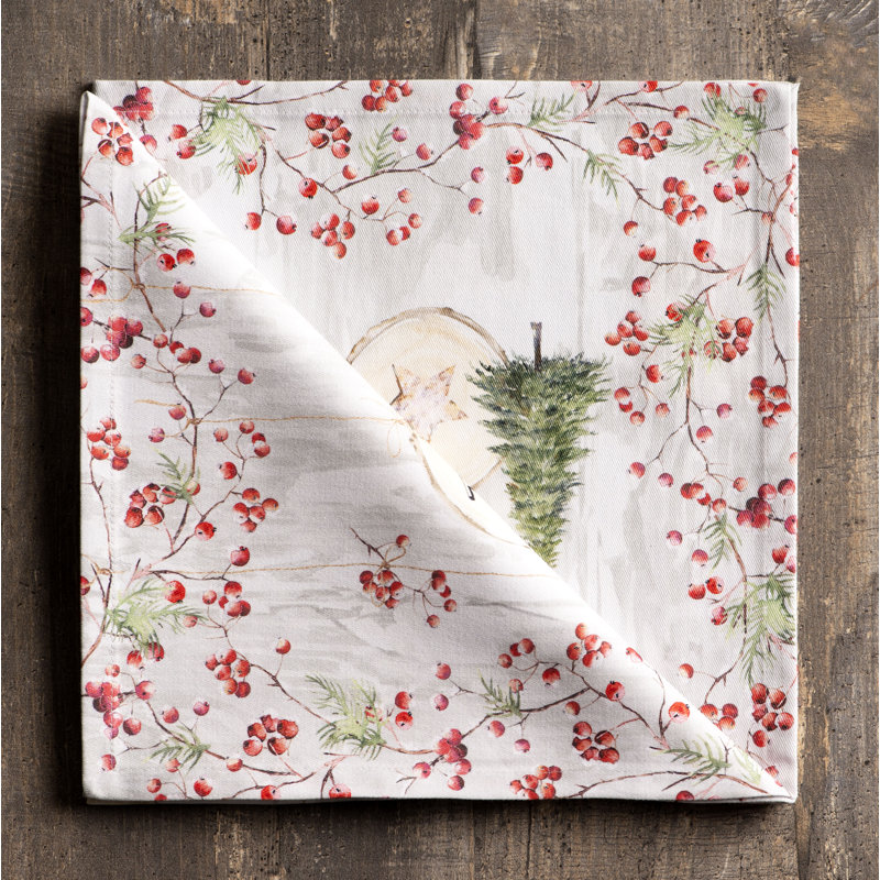 Festive Reindeer and Berries Cotton Square Napkins Set of 4